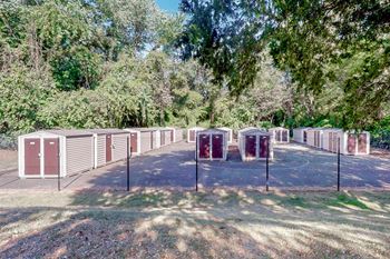 A row of red and white portable toilets are lined up in a grassy area.